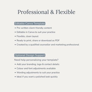 May include: A light beige graphic with the text "Professional & Flexible." Below, it lists features of an editable Canva template, including pre-written content, a flexible layout, and PDF download options. It also offers optional design support for branding and adjustments.