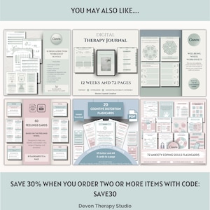 May include: A collage of digital printable resources for mental health and well-being. The resources include a digital therapy journal, a set of 60 feelings cards, 20 cognitive distortion flashcards, and 72 anxiety coping skills flashcards. The text "SAVE 30% WHEN YOU ORDER TWO OR MORE ITEMS WITH CODE: SAVE30" is at the bottom of the image.