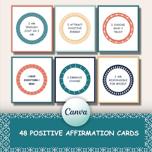 Positive Affirmation Cards, Self Love Affirmation Cards, Positive Quotes, Therapy Cards, Counselling Affirmation Cards, Canva Template, CBT