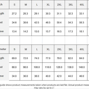 Puede incluir: Tabla de tallas para ropa en pulgadas y cent&iacute;metros. La tabla muestra las medidas de longitud, busto y manga para las tallas S a 5XL.