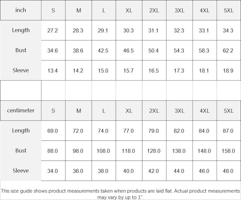 Puede incluir: Tabla de tallas para ropa en pulgadas y cent&iacute;metros. La tabla muestra las medidas de longitud, busto y manga para las tallas S a 5XL.