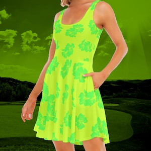 Neon Green Hawaiian Golf Dress with Pockets | Golf Dress, Knee Length Dress, Sport Dress, Tank Dress, Hawaiian, Floral Dress, Summer