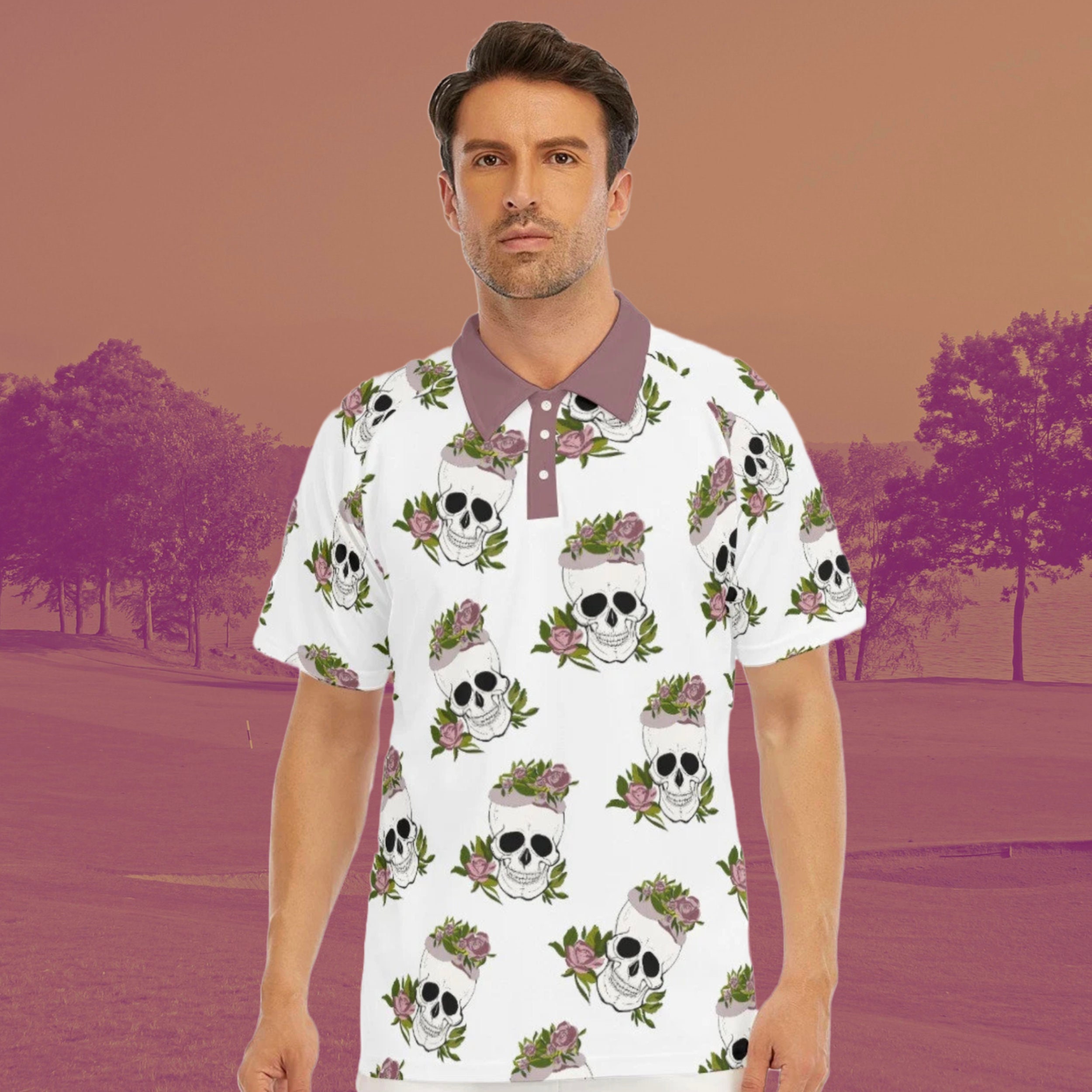 Golf Polo | Skull Polo, Skull Golf Polo, Golf Gifts For Him, Golf Gifts For Her, Golf Gift Ideas, Sugar Skull Shirt, Skull Flower Shirt