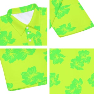 Puede incluir: Una camisa de manga corta de color verde lima con botones y un estampado floral verde.