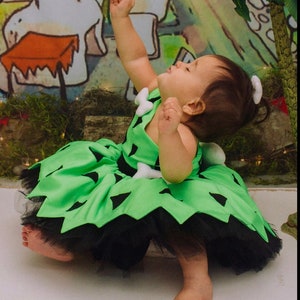 Green Pebbles Flintstone Costume | Baby Girl Tulle Dress | 1st Birthday | Halloween | First Birthday