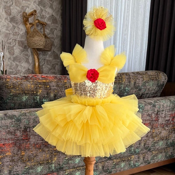 Costume de princesse Belle, belle barboteuse d'anniversaire, tenue de filles de séance photo, robe tutu de séance photo, costume d'anniversaire, costume de tout-petit