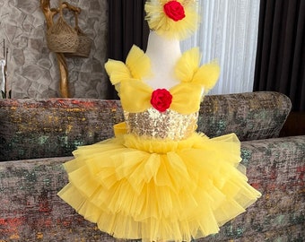 Princess Belle First Birthday Dress - Toddler's Belle Costume for 1st Birthday Party, Tulle Fairy Tale Gown