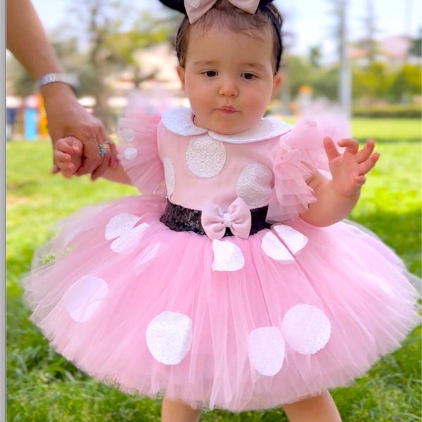 Disfraz inspirado en Minnie Mouse rosa, vestido de tutú de disfraz de Halloween, vestido de bebé Minnie Mouse rosa, disfraz de 1er cumpleaños, disfraz de sesión de fotos
