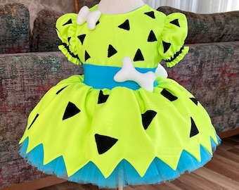 Green Pebbles Flintstone Costume | Baby Girl Tulle Dress | 1st Birthday | Halloween | First Birthday