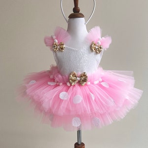 May include: Pink tulle tutu with white polka dots and gold bows. The tutu has a white sequined bodice with gold bows on the shoulders. A white headband with gold ears and a pink bow is included.