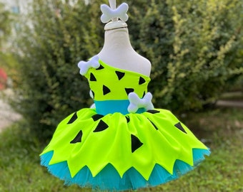 Green Pebbles Flintstone Costume | Baby Girl Tulle Dress | 1st Birthday | Halloween | First Birthday