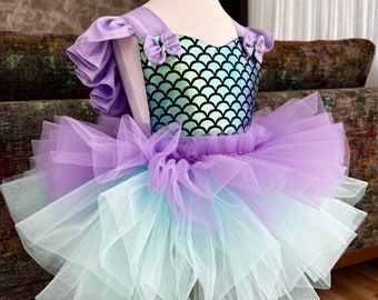 Little Mermaid Tulle Dress for Girls - 1st Birthday Princess Tutu Outfit, Mermaid Costume - Toddler Disney Birthday Dress