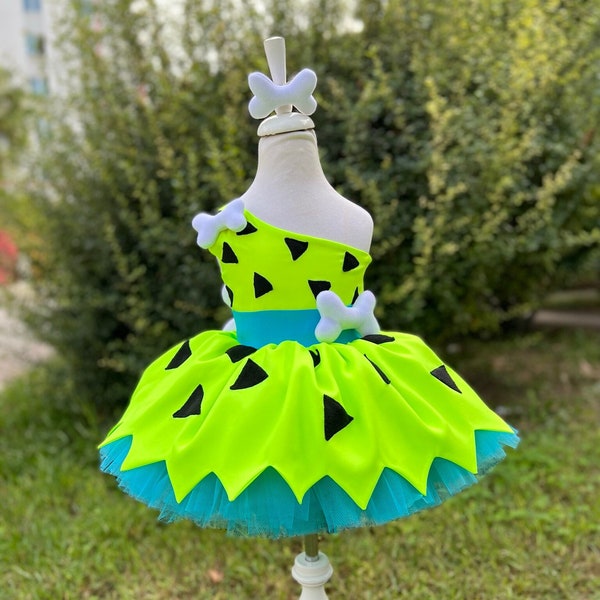 Green Pebbles Flintstone Costume | Baby Girl Tulle Dress | 1st Birthday | Halloween | First Birthday