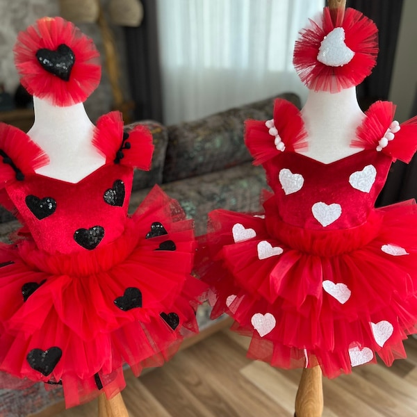 Unique Baby Girls Valentine's Day Dress With Tutu Skirt - Red & Pink Heart Design