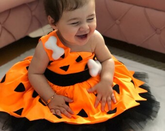 Déguisement Pierrafeu orange | Robe en tulle pour bébé fille | 1er anniversaire | Halloween | Premier anniversaire