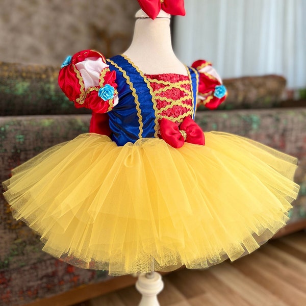 Von Schneewittchen inspiriertes Tutu-Kleid – Prinzessinnenkostüm für Babys und Kleinkinder, 1. Geburtstag, handgefertigter Tüll, märchenhaftes Dress-Up
