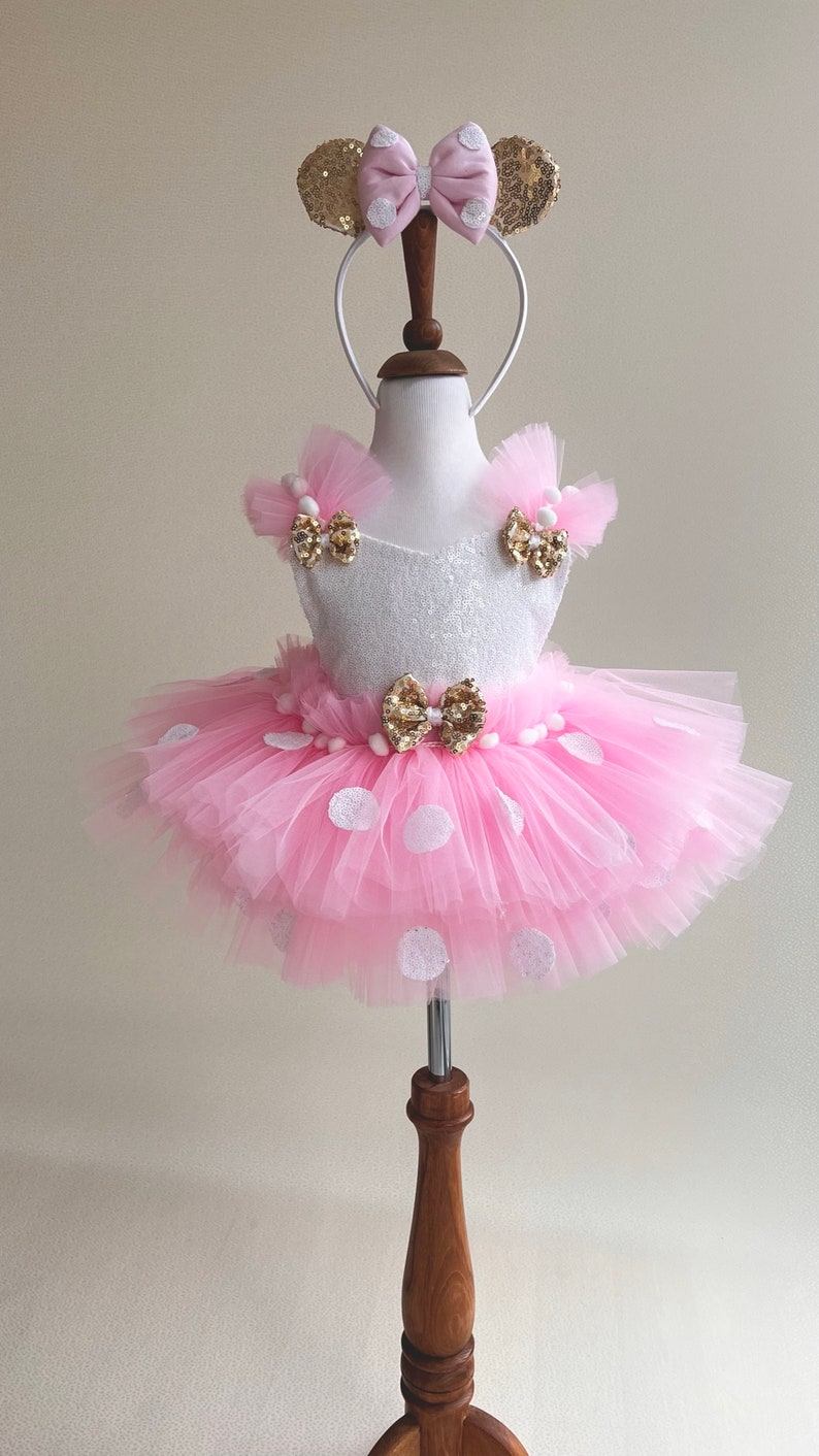 May include: Pink tulle tutu with white polka dots and gold bows. The tutu has a white sequined bodice with gold bows on the shoulders. A white headband with gold ears and a pink bow is included.