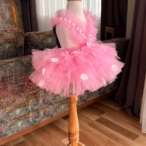 Pu&ograve; includere: Un tut&ugrave; di tulle rosa con pois bianchi e una parte superiore a balze rosa. Il tut&ugrave; &egrave; esposto su un manichino di legno.