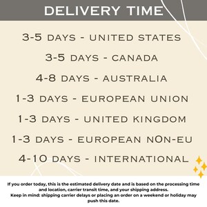 Pu&ograve; includere: Un grafico con tempi di consegna stimati per diversi paesi. Il testo recita: "DELIVERY TIME" e elenca quanto segue: "3-5 DAYS - UNITED STATES", "3-5 DAYS - CANADA", "4-8 DAYS - AUSTRALIA", "1-3 DAYS - EUROPEAN UNION", "1-3 DAYS - UNITED KINGDOM", "1-3 DAYS - EUROPEAN NON-EU", "4-10 DAYS - INTERNATIONAL". Il testo sotto il grafico recita: "Se ordini oggi, questa &egrave; la data di consegna stimata e si basa sul tempo di elaborazione e sulla posizione, il tempo di transito del corriere e il tuo indirizzo di spedizione. Tieni presente: i ritardi del corriere o l'effettuazione di un ordine nel fine settimana o in un giorno festivo possono posticipare questa data."