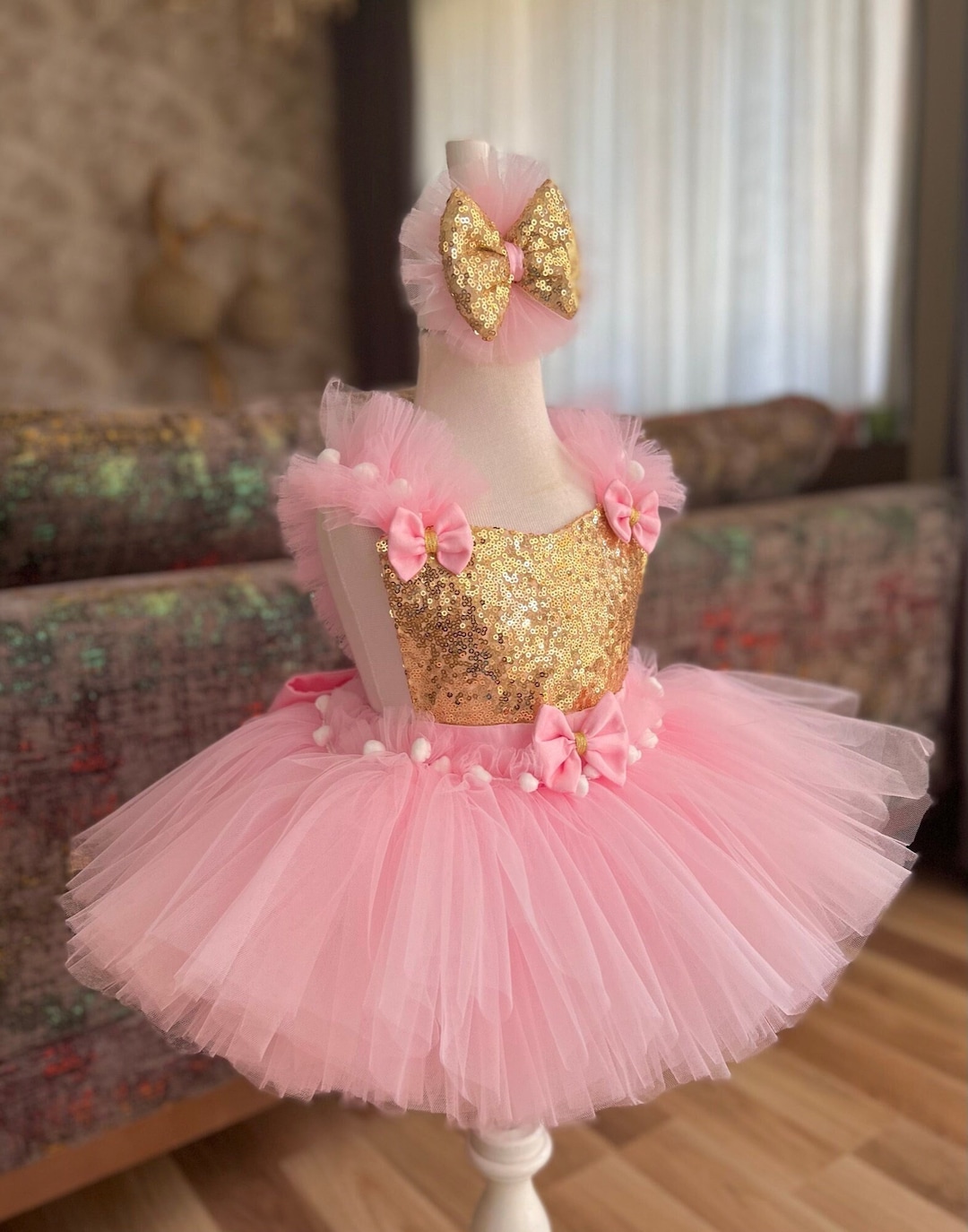 Pink Gold Tutu Dress ,1st Birthday Girls Outfit,pink Gold Romber