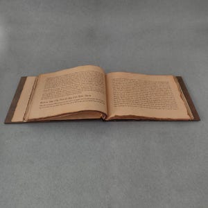K&ouml;nnte beinhalten: Ein aufgeschlagenes antikes Buch mit gealterten, vergilbten Seiten und sichtbarem Text. Das Buch hat einen dunkelbraunen Einband und liegt flach, wodurch der Text und die Textur des gealterten Papiers zur Geltung kommen. Das Buch scheint alt und geliebt zu sein.