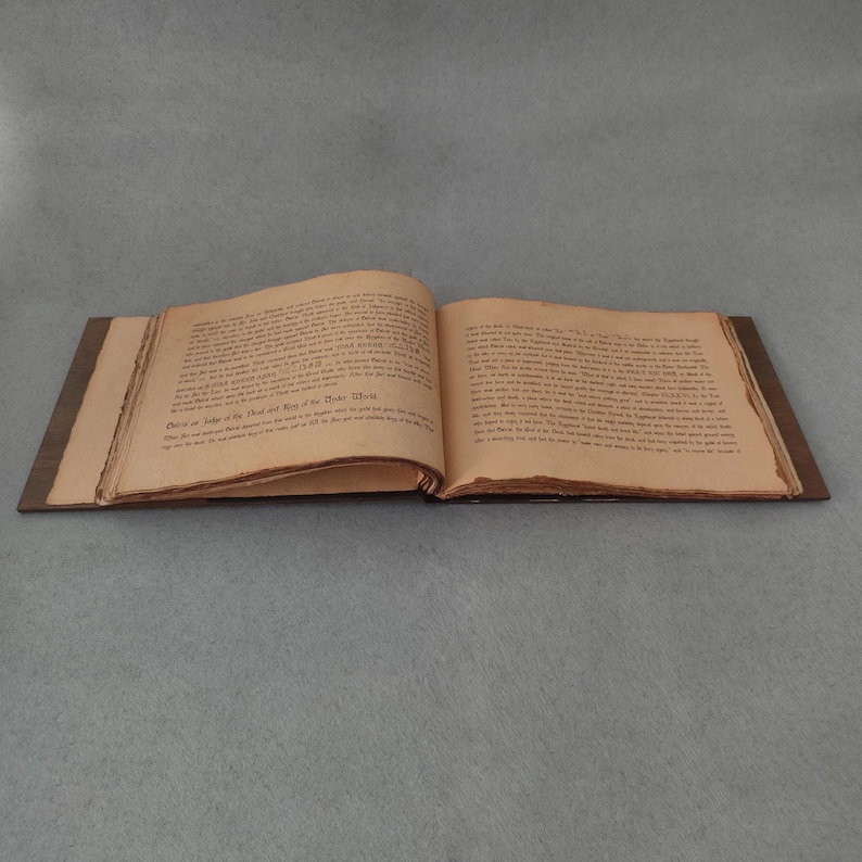 K&ouml;nnte beinhalten: Ein aufgeschlagenes antikes Buch mit gealterten, vergilbten Seiten und sichtbarem Text. Das Buch hat einen dunkelbraunen Einband und liegt flach, wodurch der Text und die Textur des gealterten Papiers zur Geltung kommen. Das Buch scheint alt und geliebt zu sein.