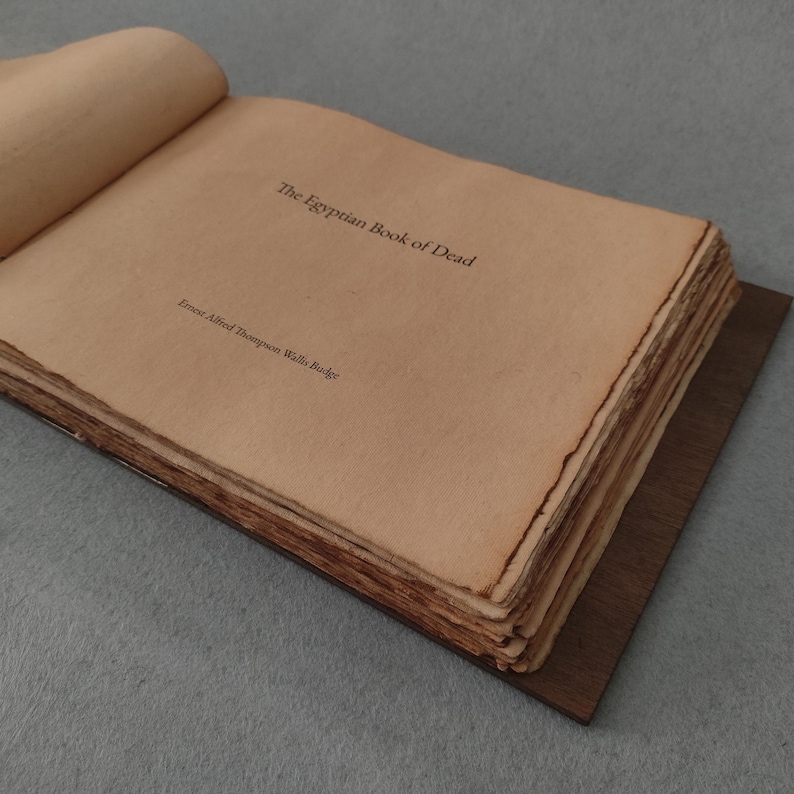 K&ouml;nnte beinhalten: Ein aufgeschlagenes Buch mit gealterten, br&auml;unlichen Seiten. Der Titel "The Egyptian Book of Dead" ist in Schwarz gedruckt, zusammen mit dem Namen des Autors. Das Buch liegt auf einer dunkelbraunen Holzoberfl&auml;che mit grauem Hintergrund.