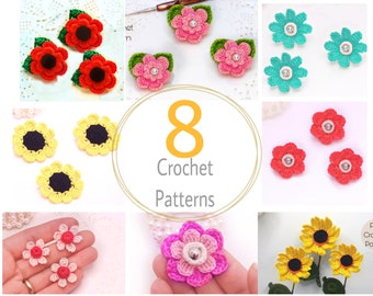 Applique flower crochet pattern flower motifs sunflower crochet pattern  flower bouquet. Brooch crochet pattern for project decor hairpins.