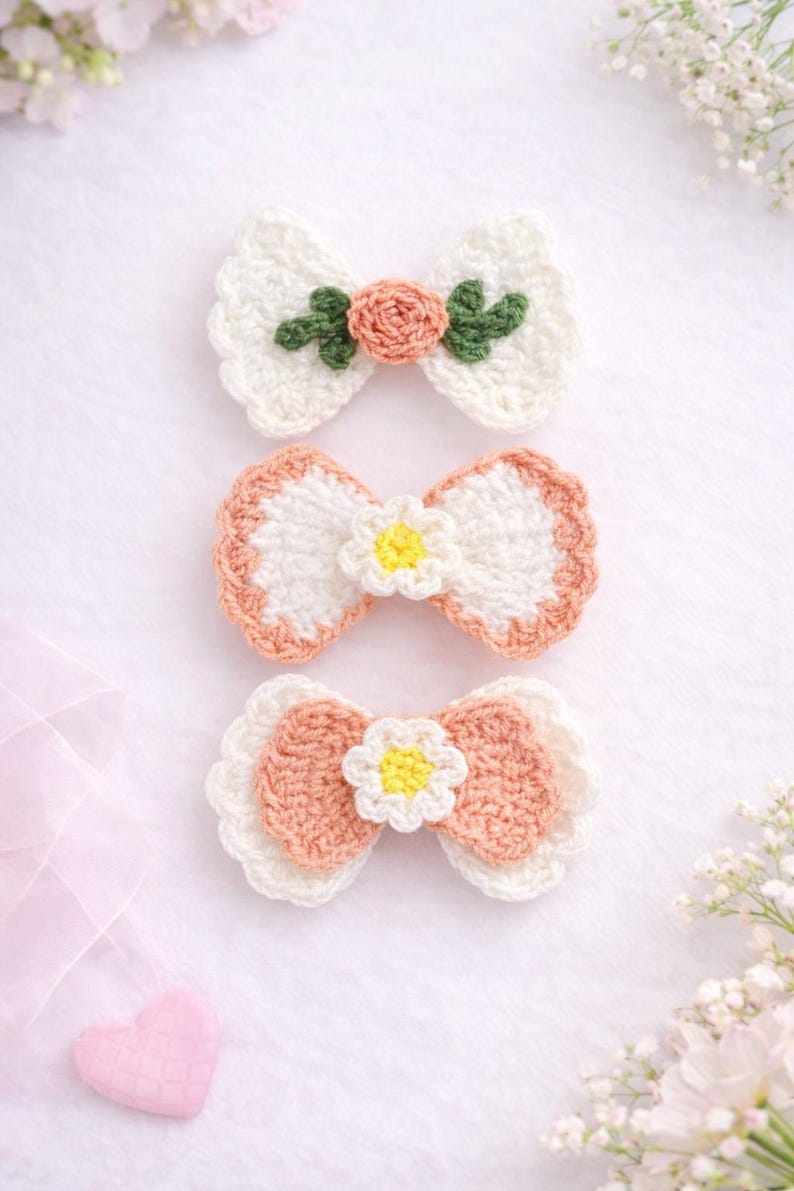 May include: Three handmade crochet hair bows. The bows are white, peach, and green, with floral accents. The top bow has a peach rose and green leaves. The middle and bottom bows have a white daisy in the centre.