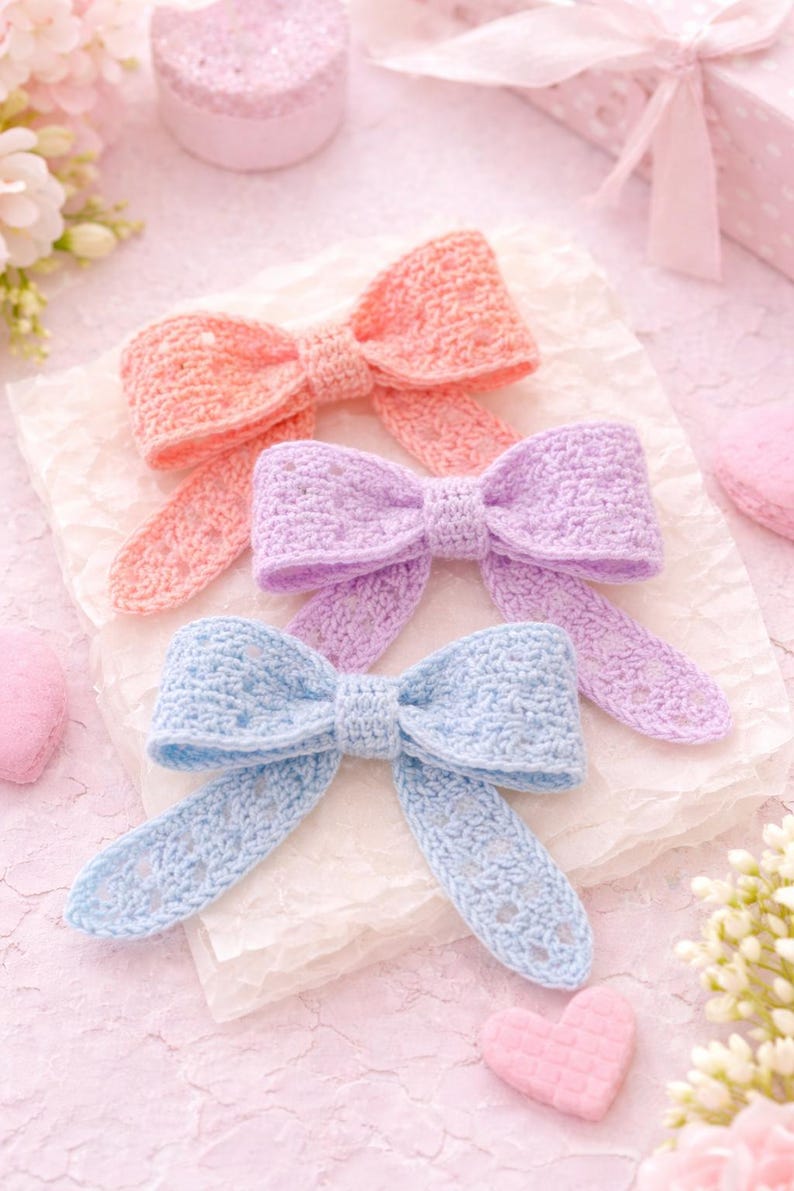 May include: Three pastel-coloured, handmade crochet bows: peach, lavender, and light blue. The bows are arranged on textured paper, with heart-shaped decorations and flowers in the background. A charming, delicate craft.