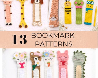 May include: A collection of 13 crochet bookmark patterns featuring various animal designs, including a cow, giraffe, dog, cat, bee, frog, and more. The bookmarks are colorful and handmade, perfect for book lovers.