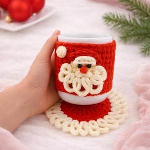 Crochet  Pattern Santa Mug Cozy and Coaster Set: Christmas Coffee Warmer