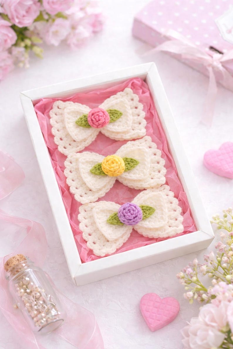 May include: A set of three cream crochet bows with a scalloped design, each featuring a colourful flower and green leaf, presented in a white box on pink tissue paper. The flowers are pink, yellow, and purple.
