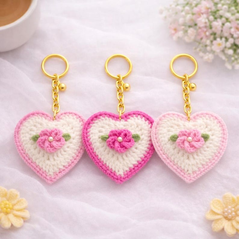 May include: Three handmade heart-shaped keychains. Each keychain features a crocheted heart with a white center, pink border, and a pink flower with a pearl center. The keychains have gold-colored chains and rings.
