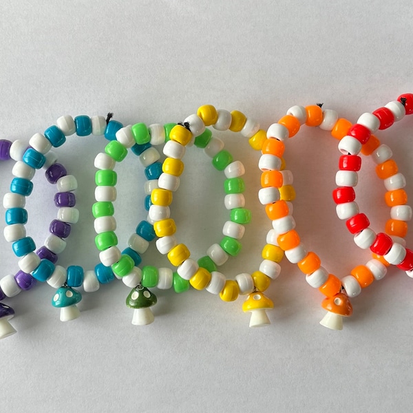 Mushroom Rainbow Kandi Single Bracelet. EDM EDC Rainbow Plur Rave Accessory Ultra Festival Electric Rave Trippy Charm