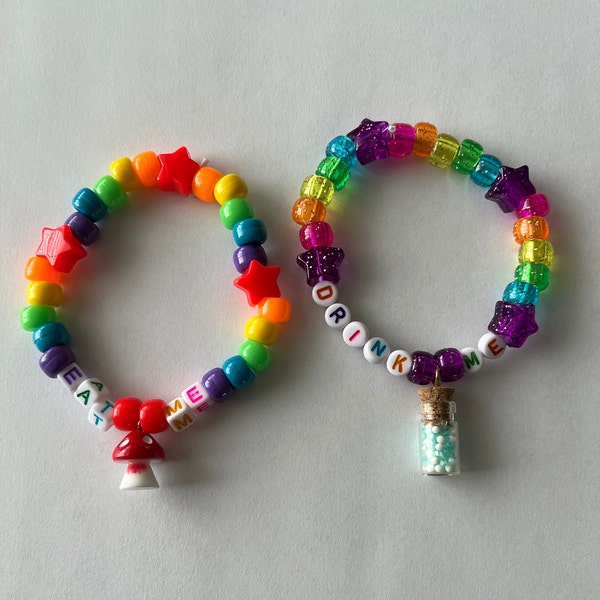 Rainbow Mushroom and Drink Me Potion Kandi single bracelet. Rave EDM EDC Rainbow PLUR Festival Pride Mushroom