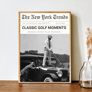 Golfer on Top of Car, Vintage Golfer Teeing on Car Art, Sports Bar Wall Decor, Black and White wall art, Retro Golf Print, Vintage Wall Art,