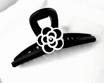 Black & White Camellia Hair Claw Clip - Rhinestone Flower  display picture 2