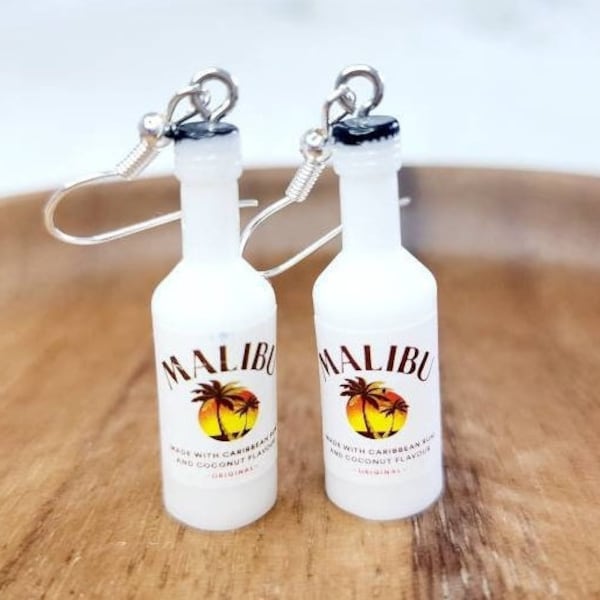 Creative and fun Malibu rum bottle earrings/ unique and funny handmade earrings/ unique drop earrings for summer party/ fun summer earrings