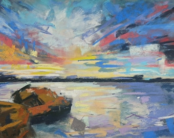 Sunset Lake Soft Pastel Landscape Painting