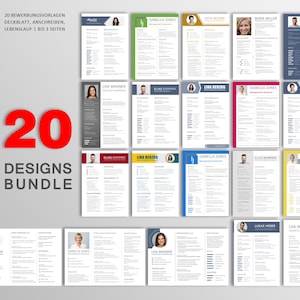 Może przedstawiać: Zestaw 20 wzorów CV w różnych kolorach, każdy z miejscem na zdjęcie i dane osobowe. Obraz zawiera również tekst "20 DESIGNS BUNDLE".