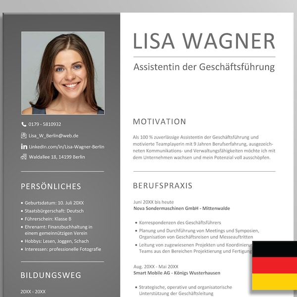 CV avec lettre de motivation et page de couverture en allemand Candidature noir blanc example Curriculum Vitae Modèles de candidature emploi