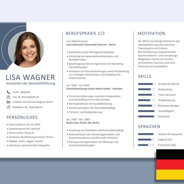 Resume Templates Landscape Cover Letter CV Horizontal Widescreen Panorama Resumes Example Samples German blue 2 pages Open Libre Office easy