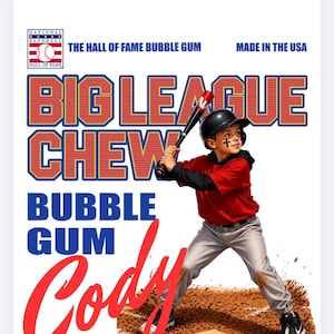 May include: A package design for Big League Chew bubble gum. The image features a young baseball player in a red jersey and gray pants, holding a bat. The text on the package reads "Big League Chew Bubble Gum" and "Made in the USA."
