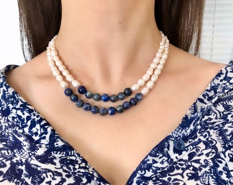 Lapis Lazuli Necklace, Pearl and Natural Stone Jewelry, Beaded Layered Dark Blue Statement Anniversary Gift, Gift for Her, Mother's Day Gift