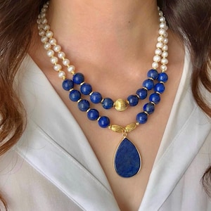A+ Quality Lapis Pearl Necklace Set, Navy Deep Blue Large Pendant Gemstone Beaded Multistrand Jewelry, Lapis Lazuli Pearl Wife Birthday Gift