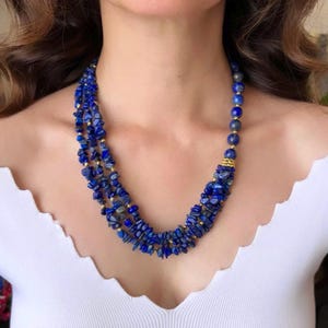 Lapis Lazuli Chunky Necklace: Beaded Navy Gemstone Chip Jewelry, Blue Statement Handmade Necklace, Wife Birthday Gift, Wife Anniversary Gift