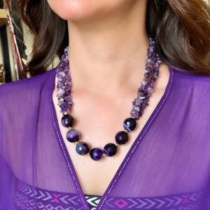 Purple Gemstone Chunky Necklace, Amethyst and Big Bold Agate Natural Stone Statement Beaded Jewelry, Special Design Purple Summer Necklace