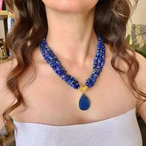Lapis Lazuli Chunky Necklace, Deep Blue Large Bold Pendant, Natural Chips Lapis Lazuli Statement Handmade Jewelry Lapis Beaded Boho Necklace