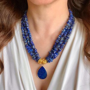 Lapis Lazuli Beaded Necklace: Chunky Statement Deep Blue Natural Stone Pendant Jewelry, Women Gift